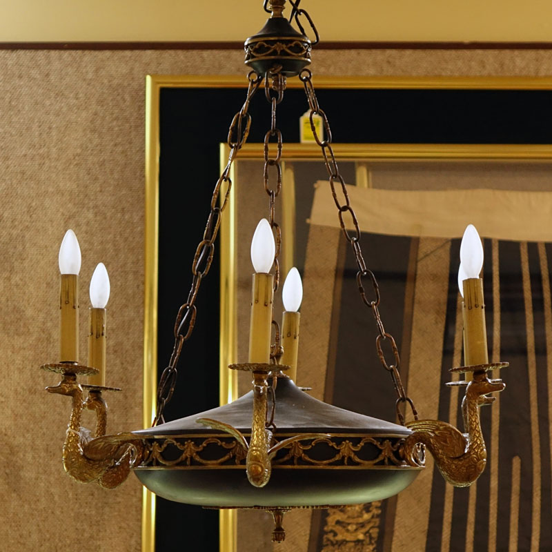 Early 20th Century French Empire Style Tole and Gilt Bronze 6 Arm Hanging Light Fixture.