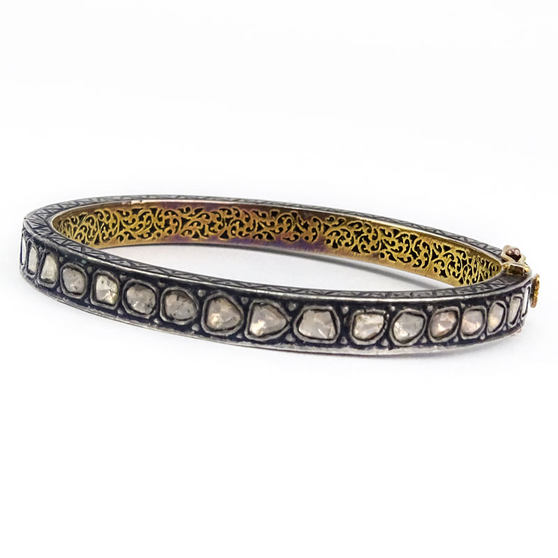 Approx. 7.0 Carat Table Cut Diamond, 18 Karat Yellow Gold and Silver Hinged Bangle Bracelet. 