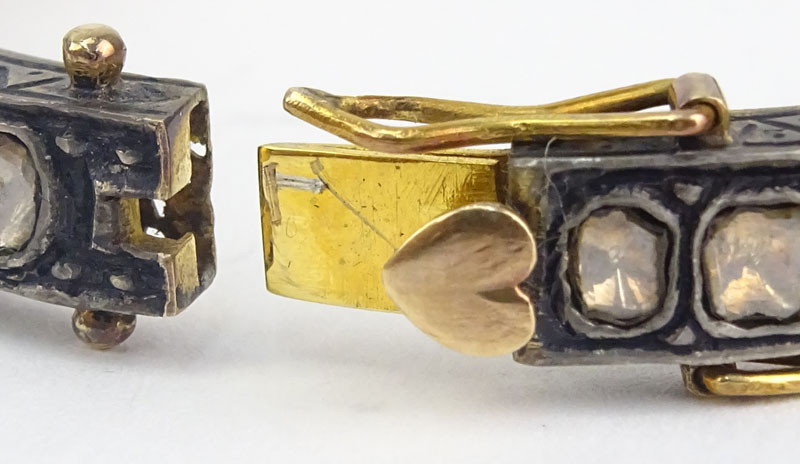 Approx. 7.0 Carat Table Cut Diamond, 18 Karat Yellow Gold and Silver Hinged Bangle Bracelet. 