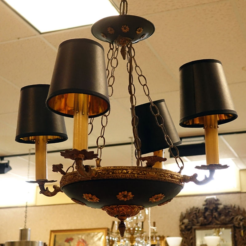 Early 20th Century French Empire Style Tole and Gilt Bronze 4 Arm Light Fixture Chandelier.