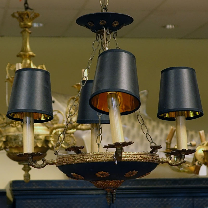 Early 20th Century French Empire Style Tole and Gilt Bronze 4 Arm Light Fixture Chandelier.