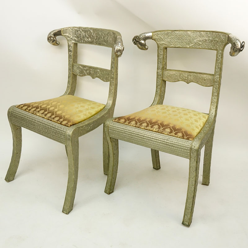 Pair of Anglo-Indian Repoussé White Metal Over Wood Side Chairs with Ram's Head.