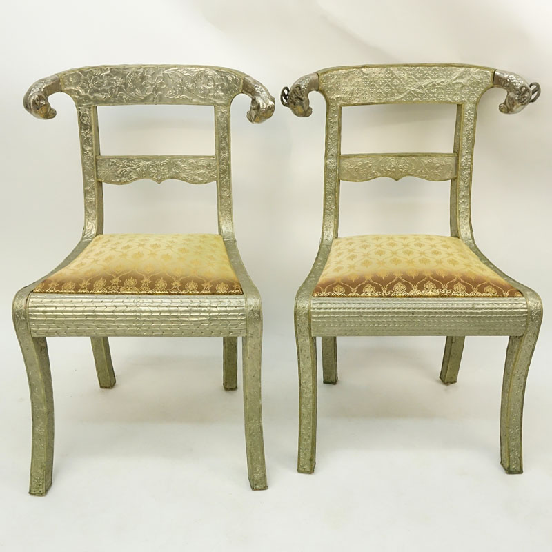 Pair of Anglo-Indian Repoussé White Metal Over Wood Side Chairs with Ram's Head.