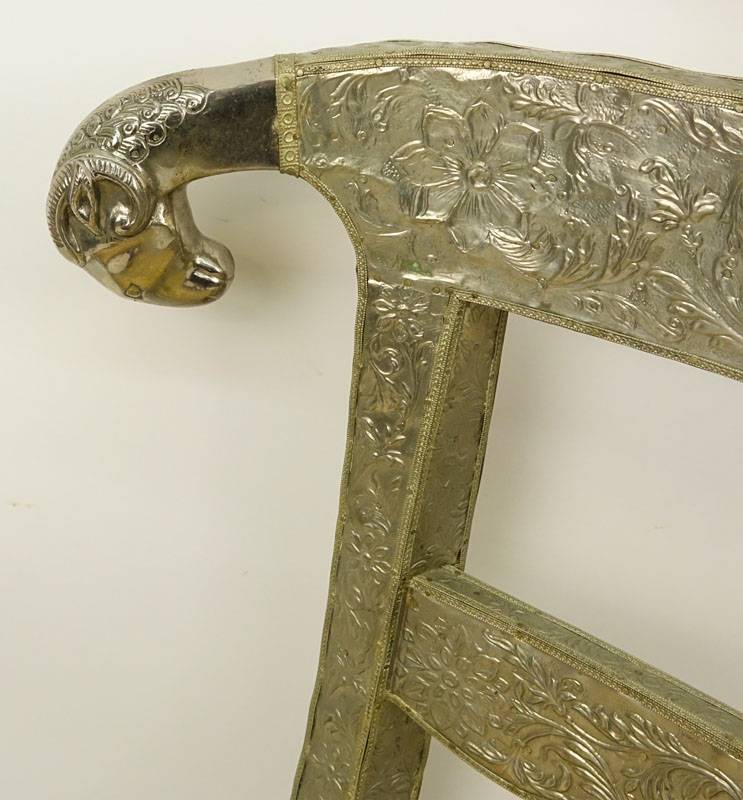 Pair of Anglo-Indian Repoussé White Metal Over Wood Side Chairs with Ram's Head.