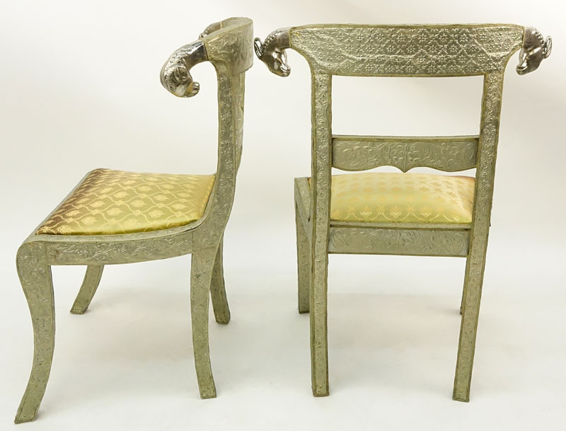 Pair of Anglo-Indian Repoussé White Metal Over Wood Side Chairs with Ram's Head.