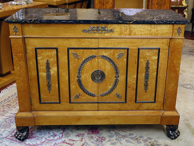 In the Manner of Georges Jacob French Empire Style Bronze Mounted Marble Top Commode.