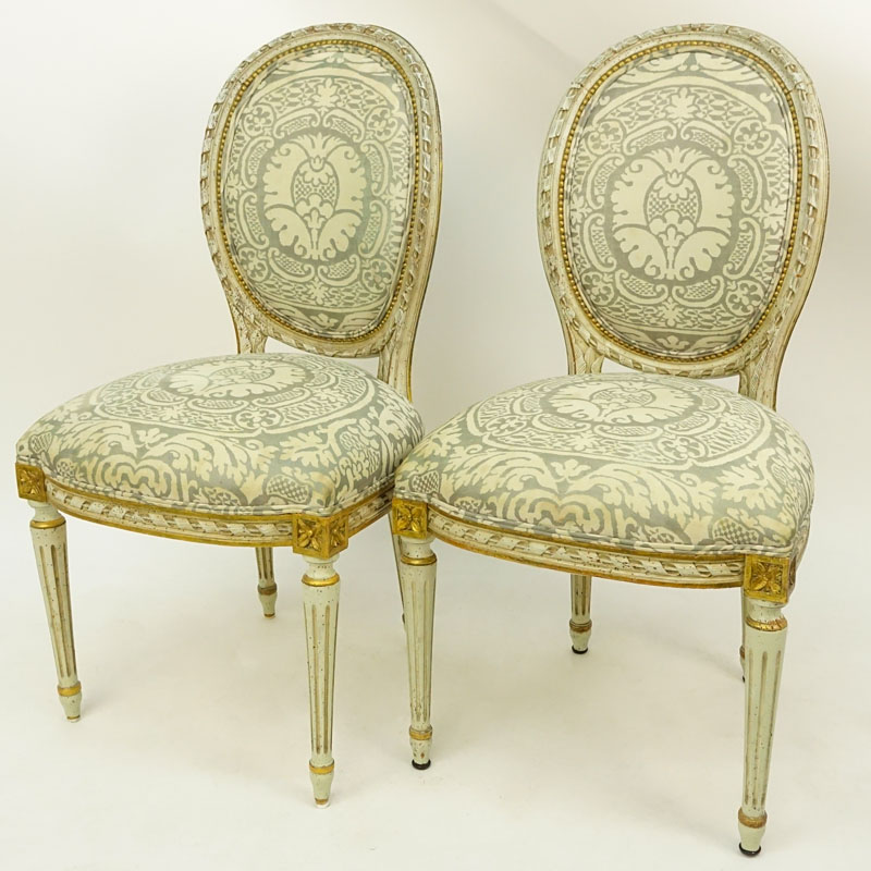 Pair of Louis XVI Style Carved Balloon Back Upholstered Side Chairs, Fortuny Upholstery Fabric. 