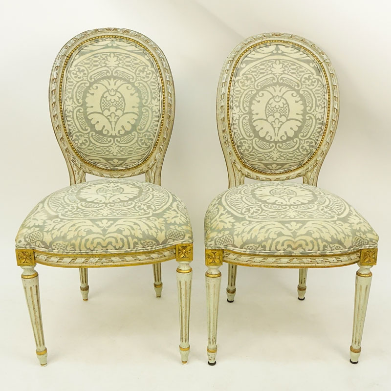 Pair of Louis XVI Style Carved Balloon Back Upholstered Side Chairs, Fortuny Upholstery Fabric. 