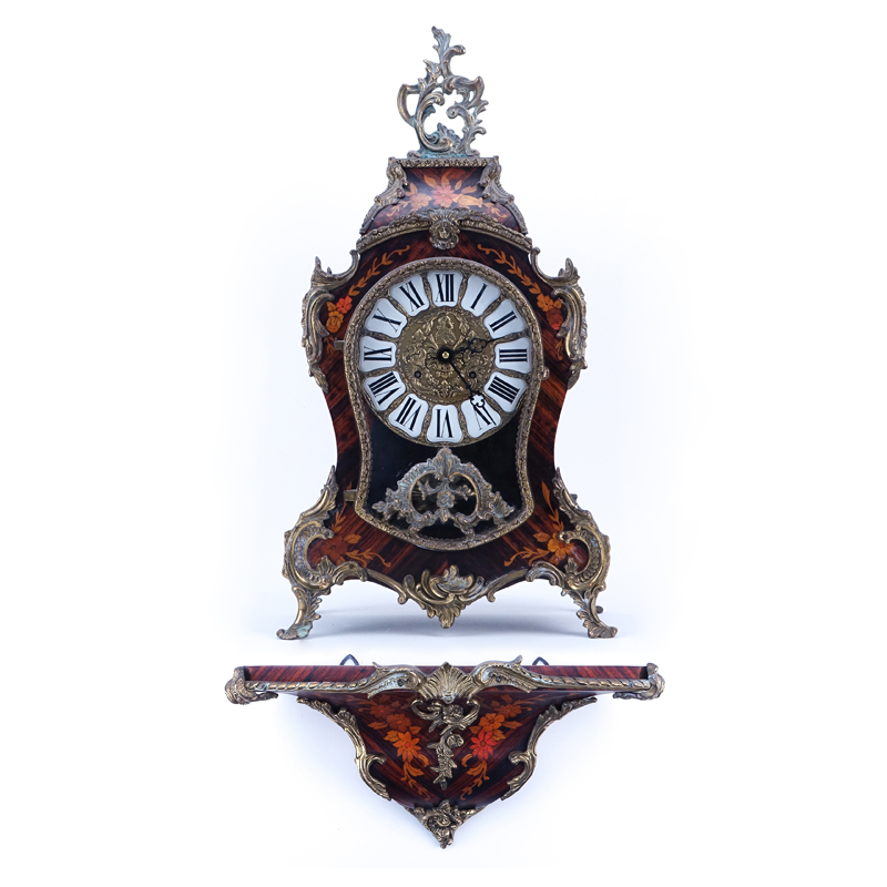 Hermle Boulle Style Inlaid Wood and Bronze Mounted  Clock with Wall Bracket. Has key and pendulum.