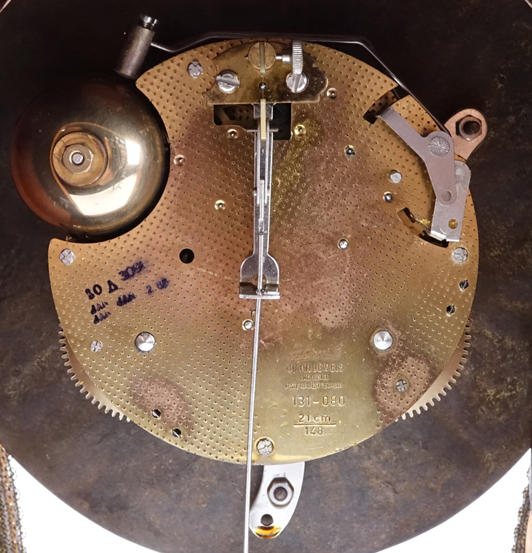 Hermle Boulle Style Inlaid Wood and Bronze Mounted  Clock with Wall Bracket. Has key and pendulum.