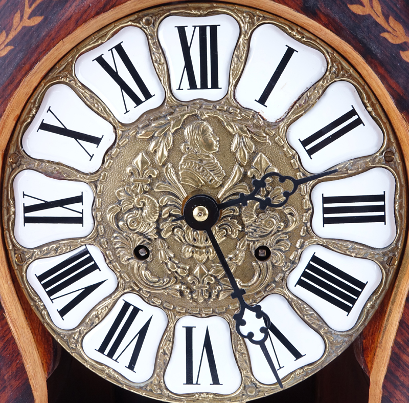 Hermle Boulle Style Inlaid Wood and Bronze Mounted  Clock with Wall Bracket. Has key and pendulum.