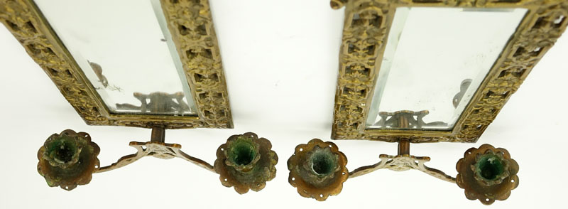 Pair of Empire Style Gilt Brass Mirrored Two Arm Wall Sconces.