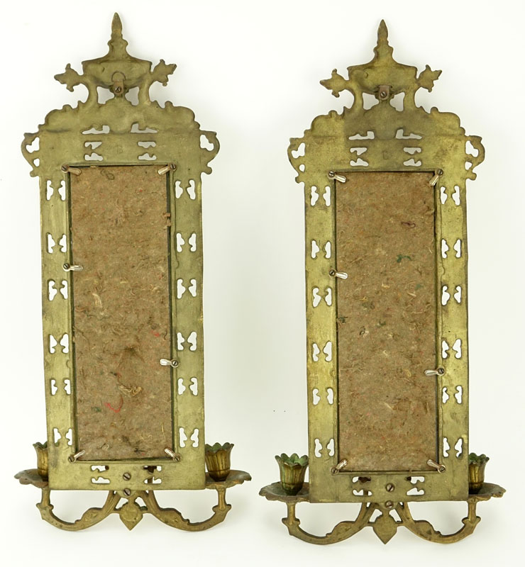 Pair of Empire Style Gilt Brass Mirrored Two Arm Wall Sconces.