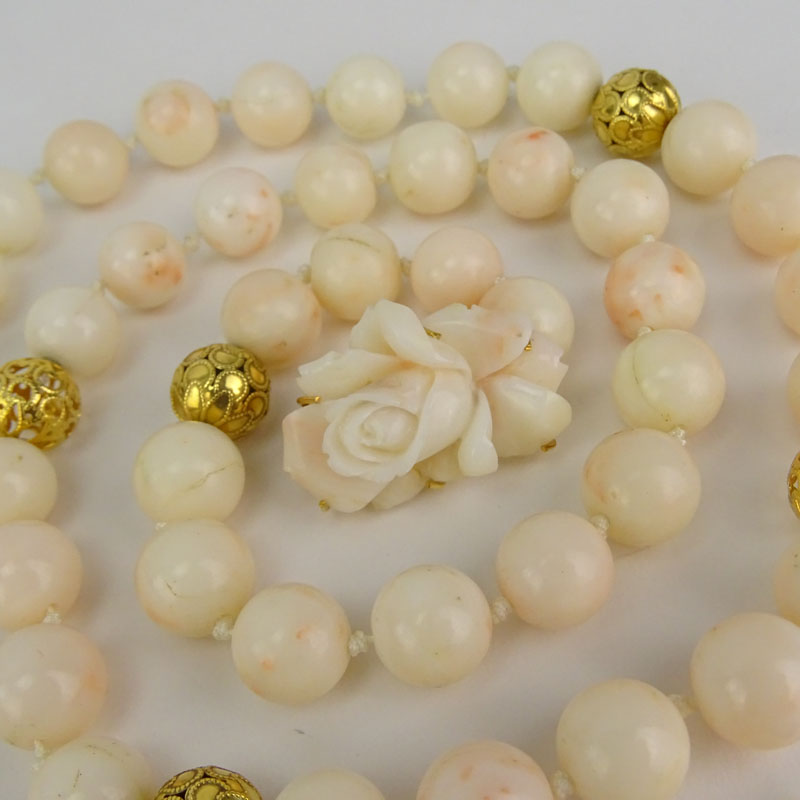 Vintage 14 Karat Yellow Gold and Angelskin Coral Bead Necklace.