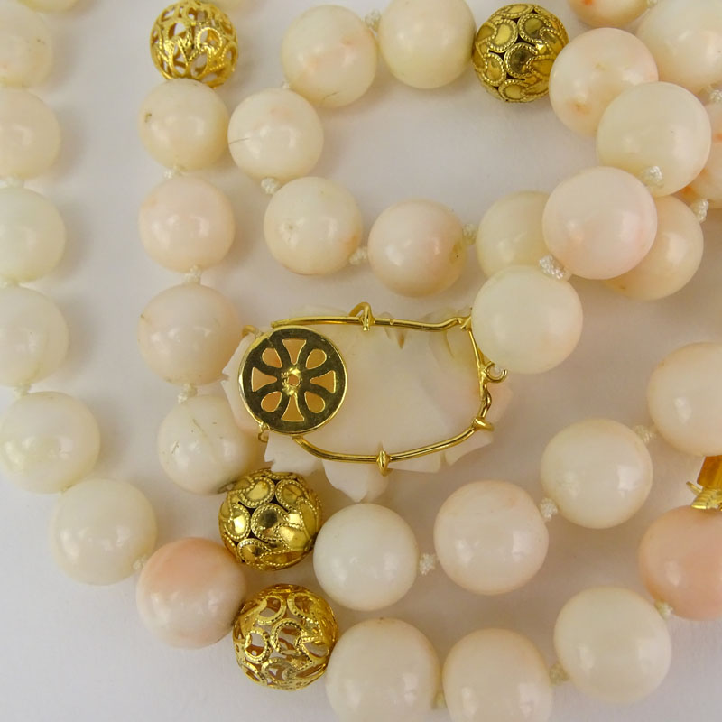 Vintage 14 Karat Yellow Gold and Angelskin Coral Bead Necklace.