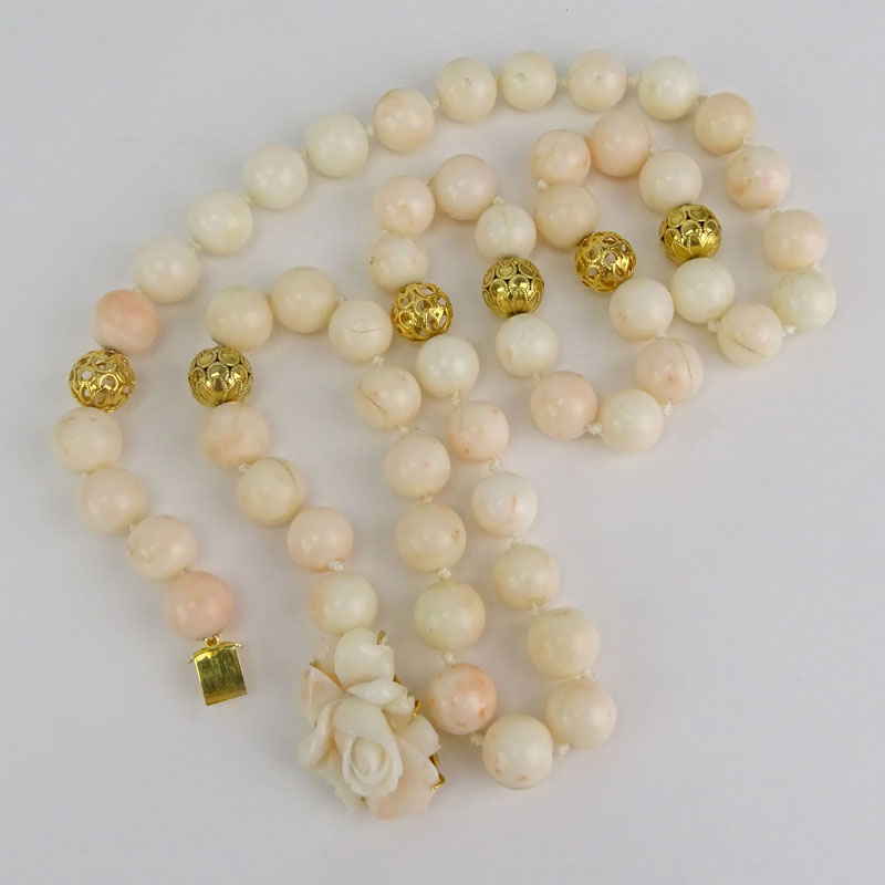 Vintage 14 Karat Yellow Gold and Angelskin Coral Bead Necklace.