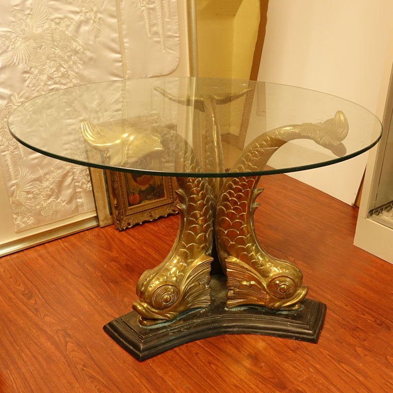 Mid Century Brass Dolphin Base Table with Glass Top.