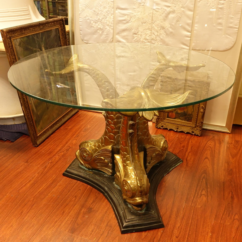 Mid Century Brass Dolphin Base Table with Glass Top.