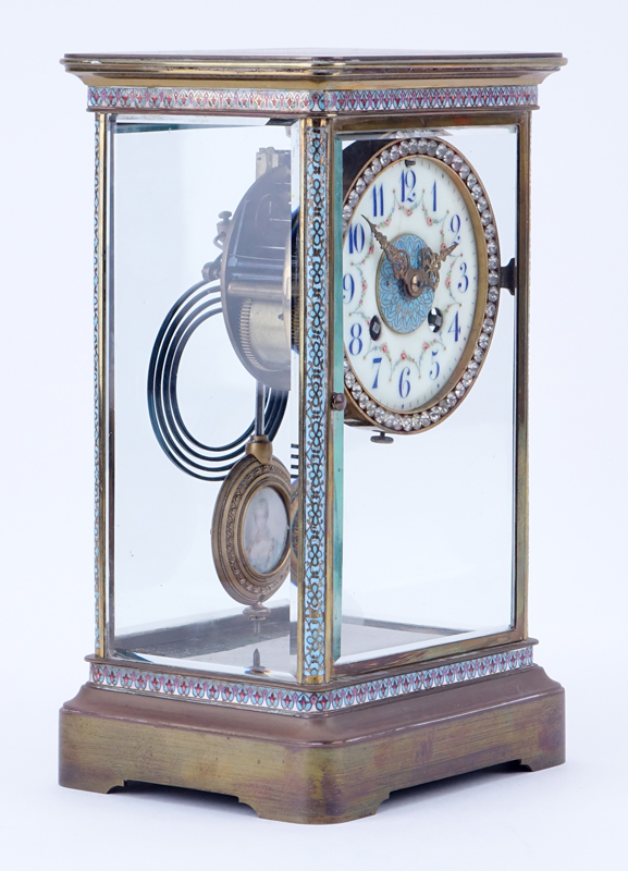 Antique French Champlevé Regulator Clock With Hand Painted Porcelain Dial and Jeweled Bezel.