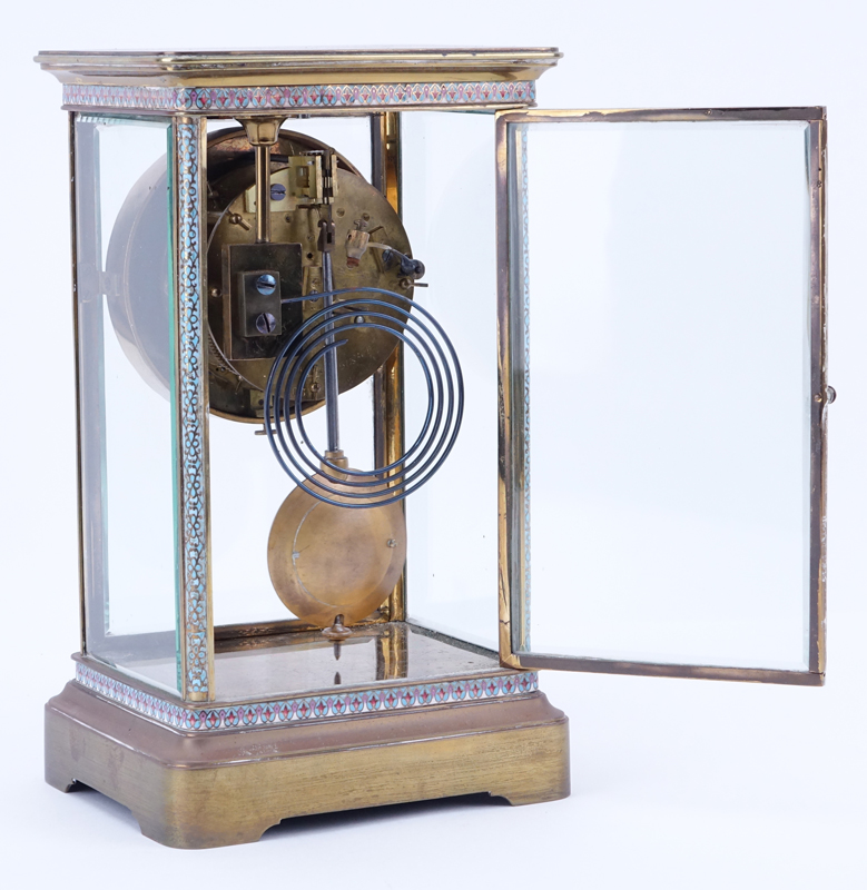 Antique French Champlevé Regulator Clock With Hand Painted Porcelain Dial and Jeweled Bezel.