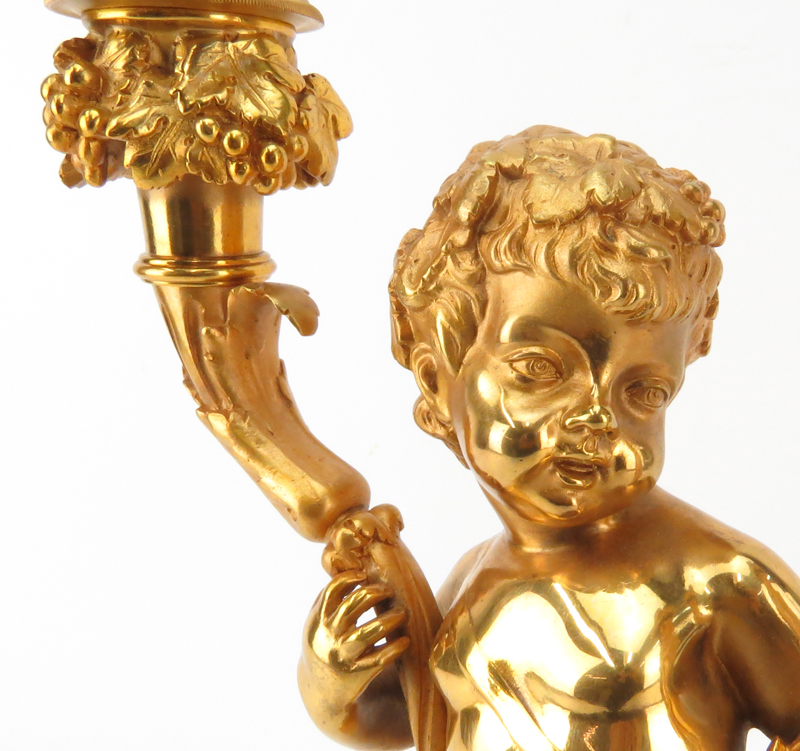 Late 19th Century Two Arm Gilt Bronze Putti Lamp on Marble Base.