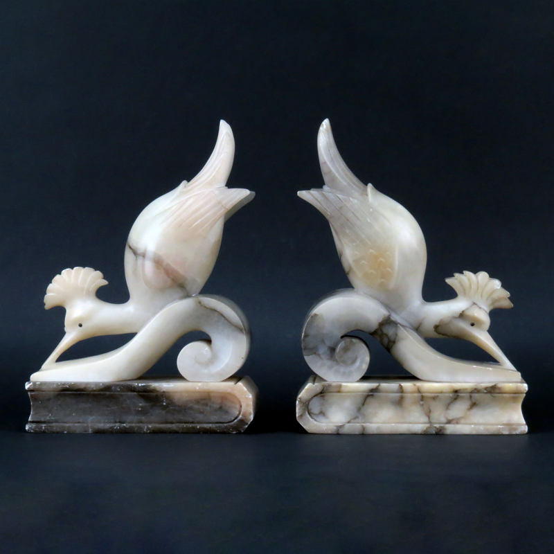 Pair of Italian Art Deco Style Carved Alabaster Bird Bookends.