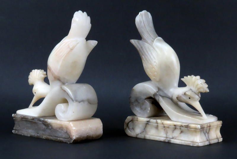 Pair of Italian Art Deco Style Carved Alabaster Bird Bookends.