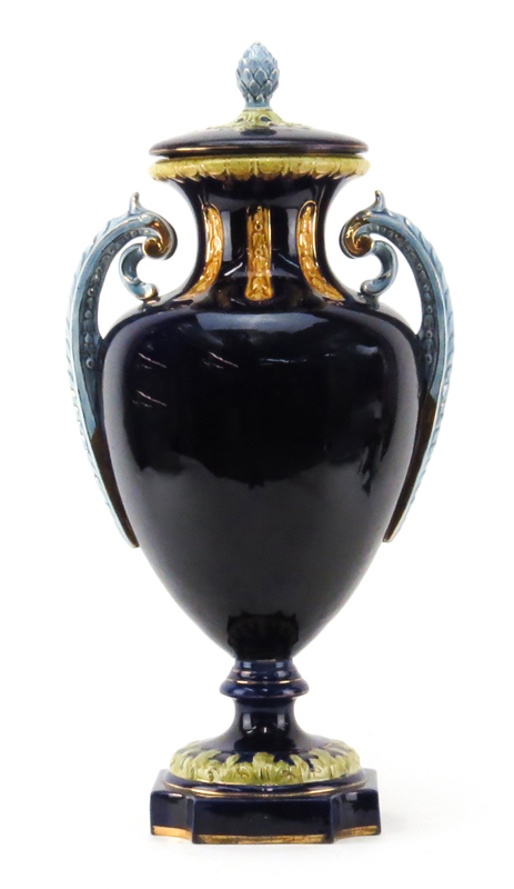 Antique Majolica Art Nouveau Style Cobalt Blue Pottery Covered Urn.