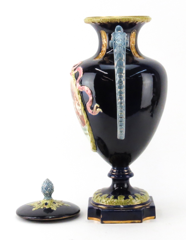 Antique Majolica Art Nouveau Style Cobalt Blue Pottery Covered Urn.