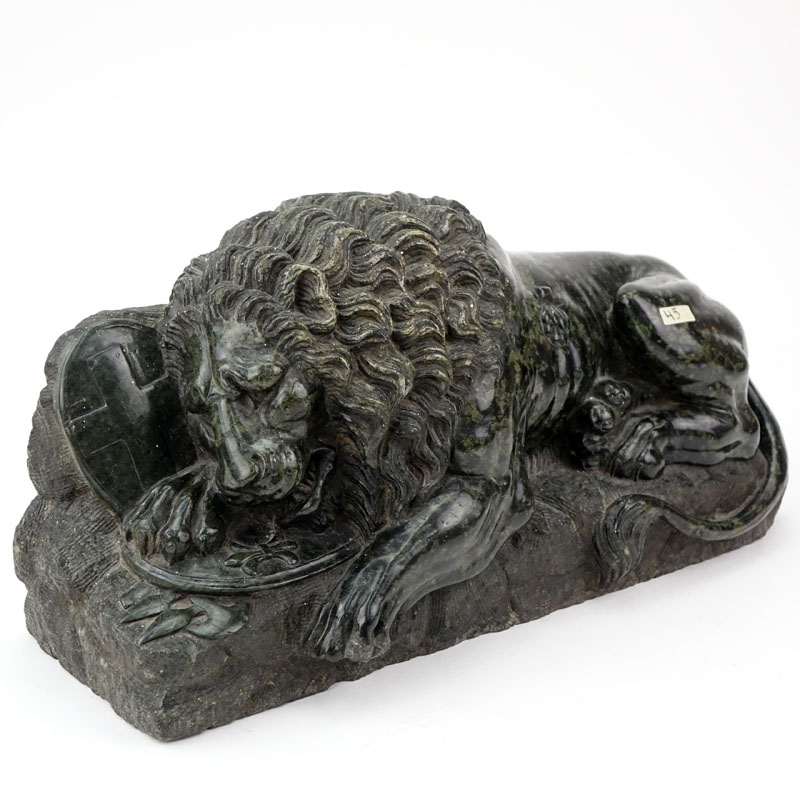 After: Bertel Thorvaldsen, Swiss (1770-1884) Fine Serpentine Marble Lion of Lucerne Sculpture.