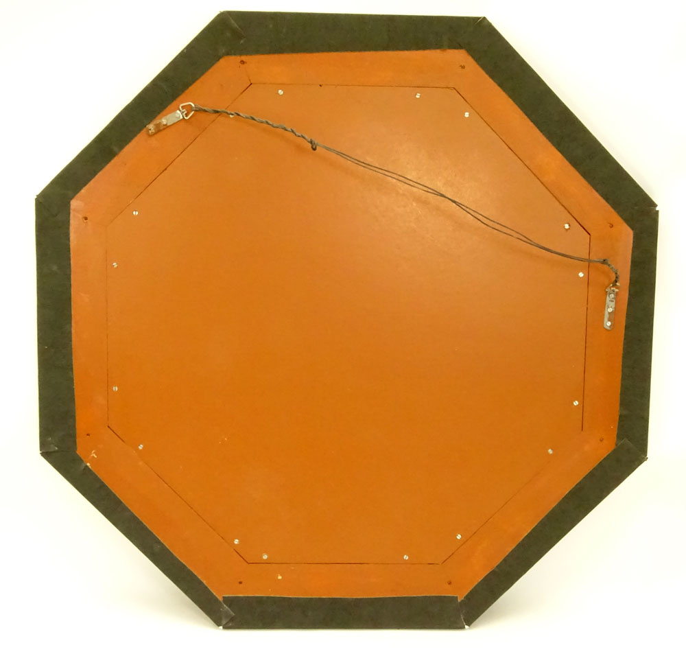 Mid Century Modern Karl Springer Octagonal Faux Pig Suede Framed Mirror with Beveled Glass.