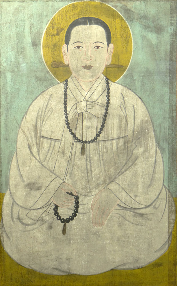 Large Contemporary Chinese Gouache on Paper With Fabric Border "Man With Prayer Beads"