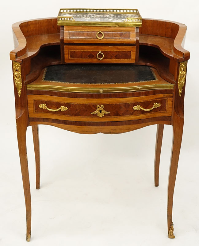 Early 20th Century Louis XV Style Parquetry Inlaid and Bronze Mounted Bureau de Dame.