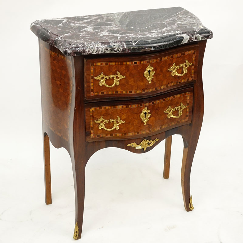 Early 20th Century Louis XV Style Parquetry Inlaid Marble Top Commode.