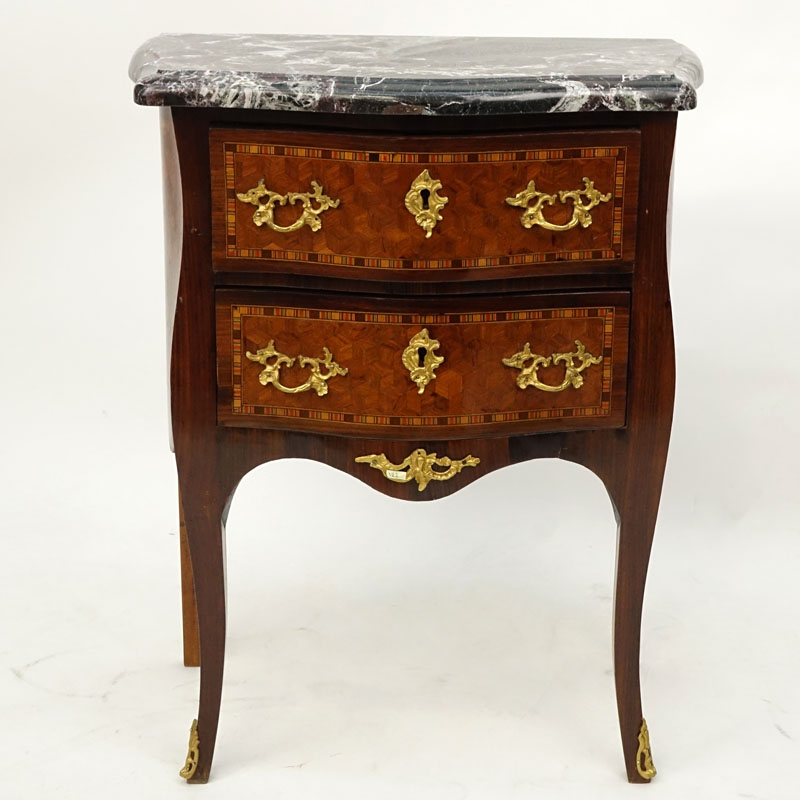 Early 20th Century Louis XV Style Parquetry Inlaid Marble Top Commode.