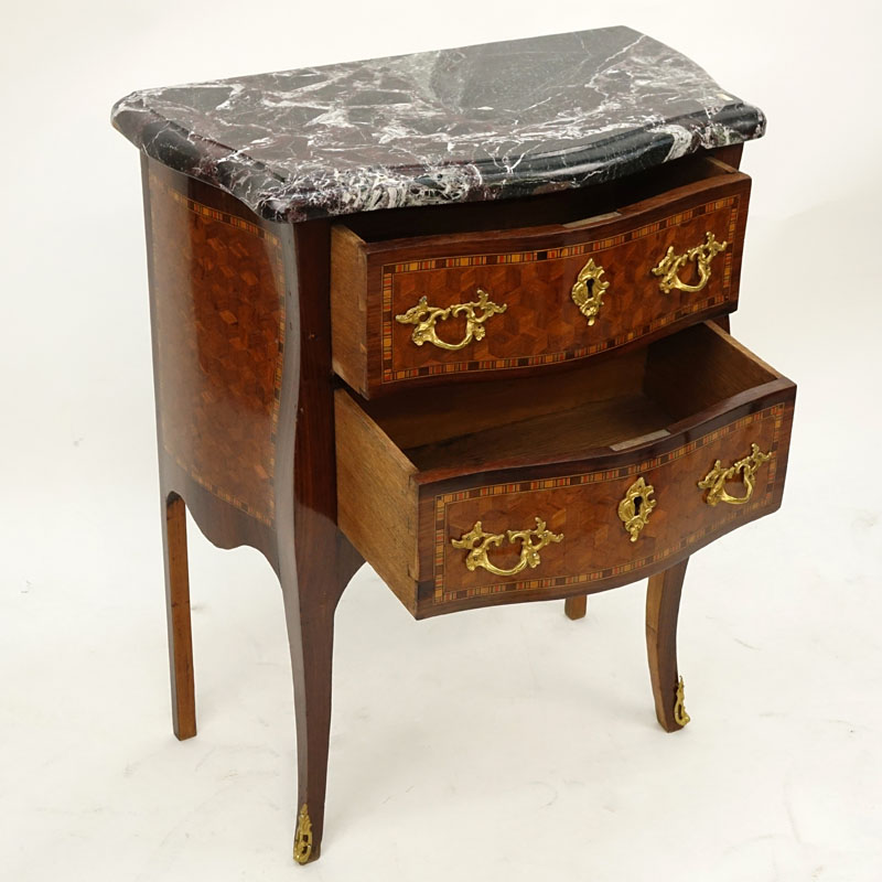 Early 20th Century Louis XV Style Parquetry Inlaid Marble Top Commode.
