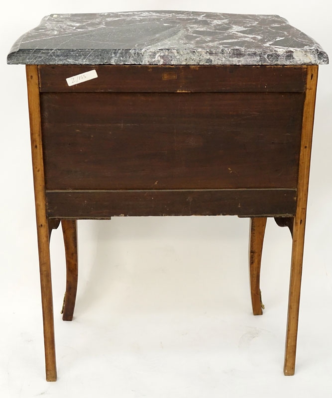 Early 20th Century Louis XV Style Parquetry Inlaid Marble Top Commode.