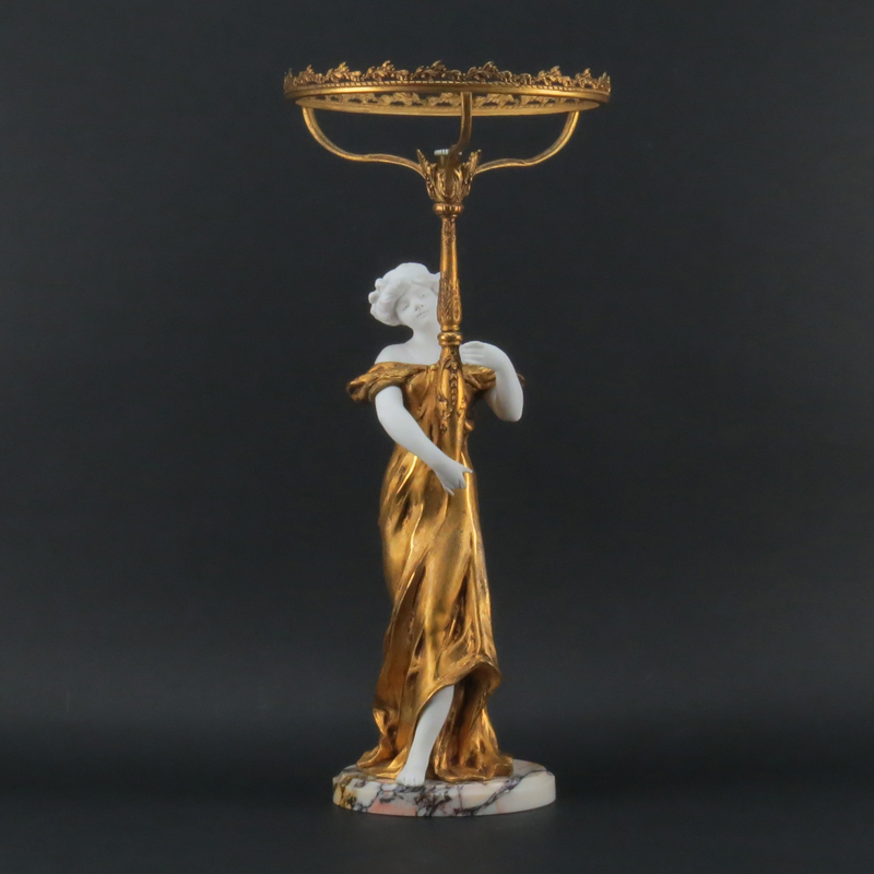 Mednat, French (20th century) Art Nouveau Gilt Bronze and Bisque Figural Lamp on Marble Base. 