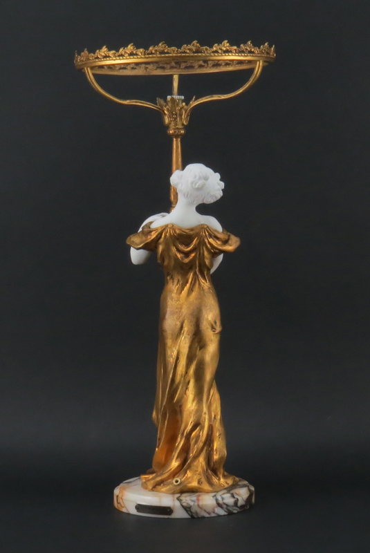 Mednat, French (20th century) Art Nouveau Gilt Bronze and Bisque Figural Lamp on Marble Base. 