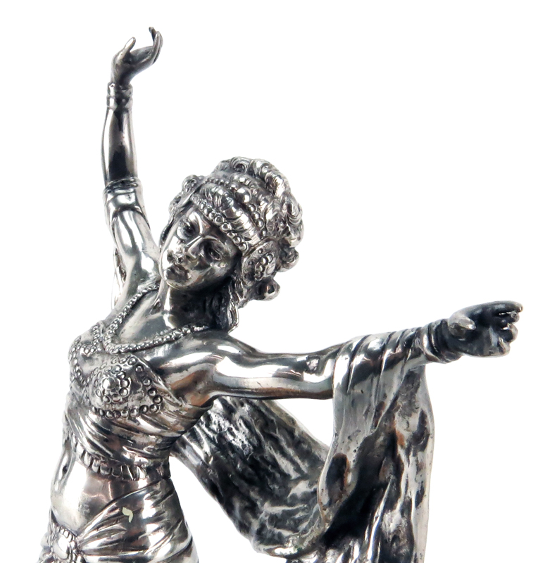 Paul Philippe Style Art Deco Silvered Bronze Dancer on Alabaster Base.