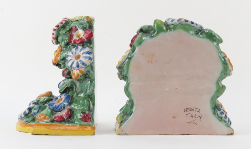 Pair of Polychrome Italian Deruta Faience Pottery Brackets/bookends.