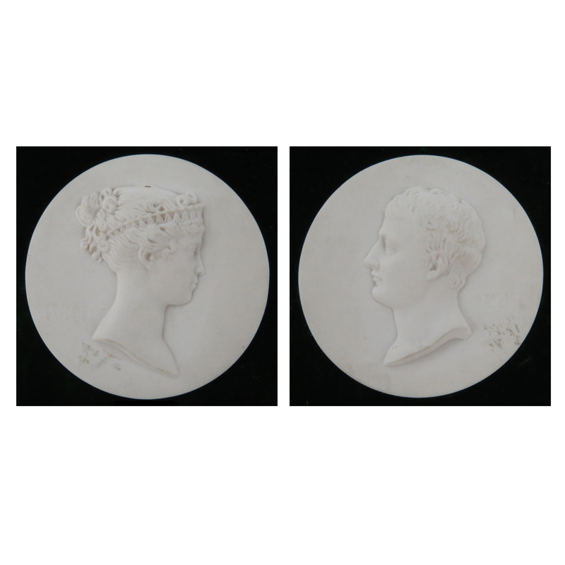 Pair of Neoclassical "Napoleon and Josephine"  Parian Medallion Affixed on Velvet. 