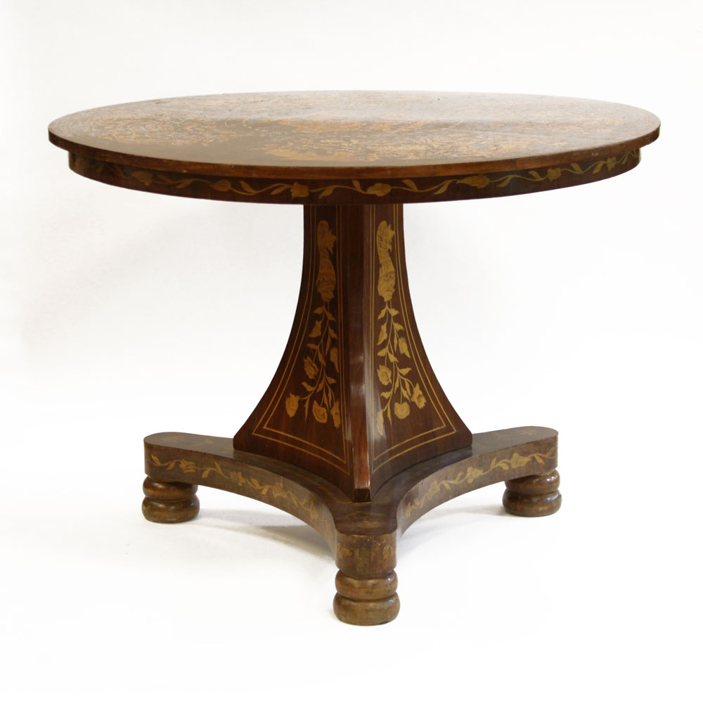 Antique Dutch Baroque Style Mixed Wood Marquetry Center Table on a tripod, footed base, the top, apron and base inlaid with elaborate design. 