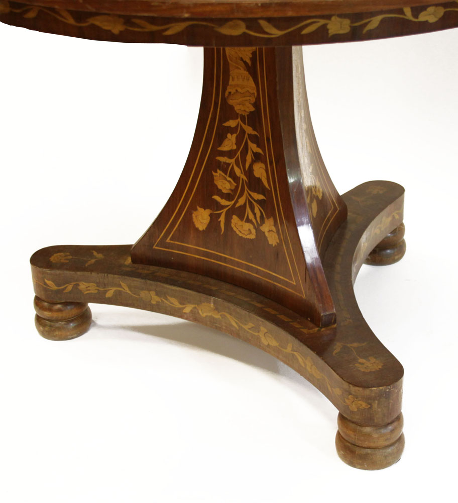 Antique Dutch Baroque Style Mixed Wood Marquetry Center Table on a tripod, footed base, the top, apron and base inlaid with elaborate design. 