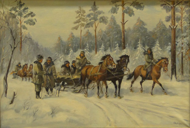 20th Century Polish Oil on Canvas "Soldiers with Troika" Signed Capiga Lower Right. 