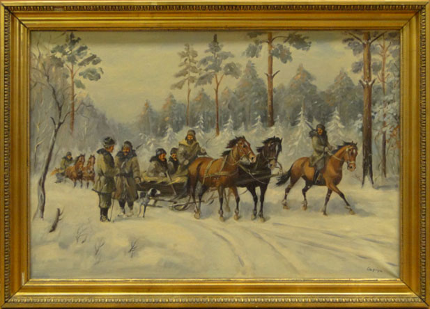 20th Century Polish Oil on Canvas "Soldiers with Troika" Signed Capiga Lower Right. 