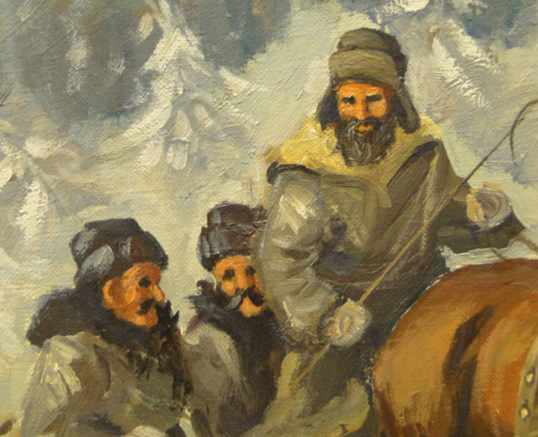 20th Century Polish Oil on Canvas "Soldiers with Troika" Signed Capiga Lower Right. 