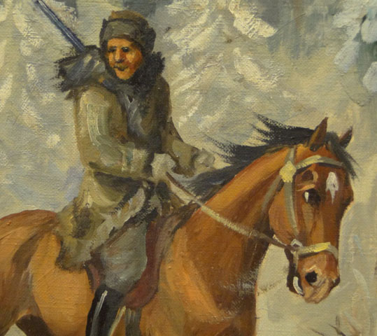 20th Century Polish Oil on Canvas "Soldiers with Troika" Signed Capiga Lower Right. 