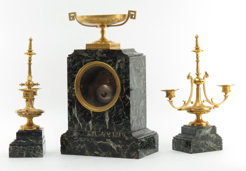 19th Century French Louis XV Style Raingo Freres Paris Gilt Bronze and Marble Clock Garniture Set.