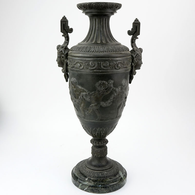 Antique Neoclassical Style Patinated White Metal Urn on Marble Base.